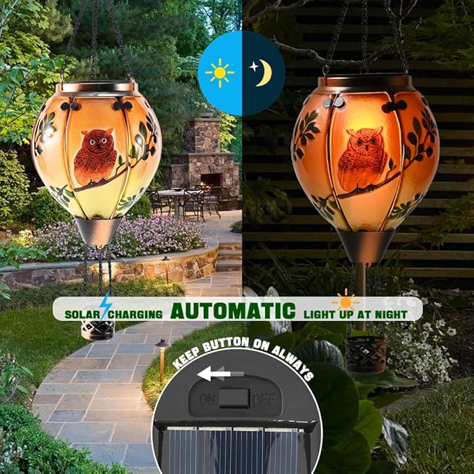 Hot Air Balloon Solar Lantern - Owl Stained Glass Lantern, Simulated Flickering & Dancing Flame, Outdoor Hanging Yard Light Waterproof IP65 for Patio Lawn Porch Decor Gift