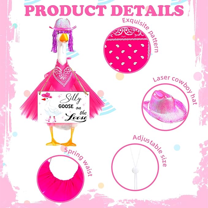 Cowboy Porch Goose Outfit Set for 23" Cement/Plastic Lawn Goose Statue - Silly Goose on The Loose Sign with Hat, Bandana, Lace Tutu Skirt Funny Wigs for Garden Party Yard Outdoor Decor