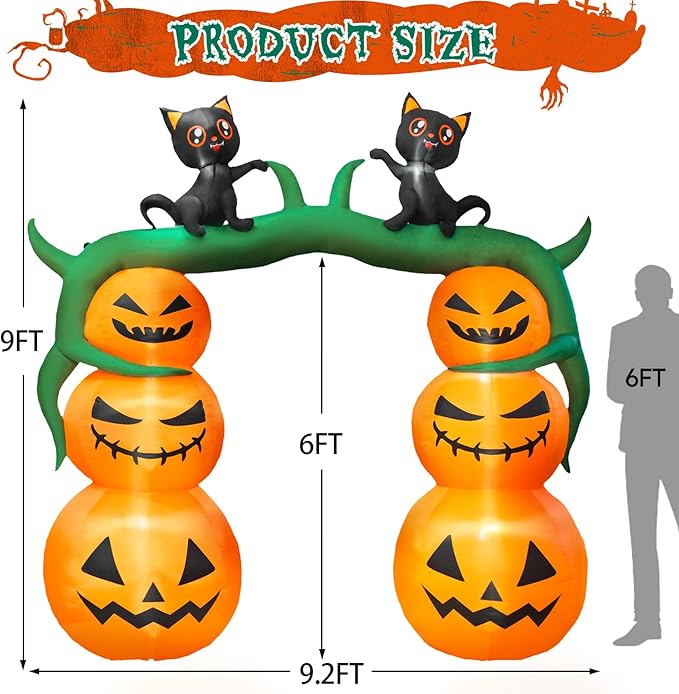DearSun 9FT H Giant Halloween Inflatable Pumpkin Archway with Two Black Witch's Cats, Halloween Inflatable Arch with Build-in LED Lights Outdoor Decorations Large Party Yard Decoration