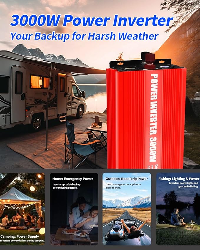 Inverter 3000W Car Power Inverters,12v DC to 110v AC Converter with USB and AC Outlets Power Inverter 3000Watts,Car Power Converter for Car Home Vehicles Laptop Trip