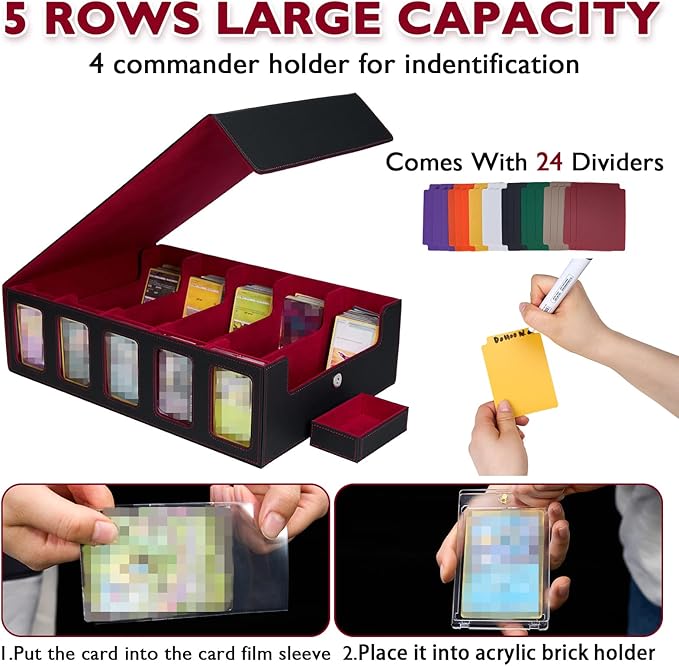 Larger Trading Card Storage Box for Top Loaders, 3900+Card Deck Case with Portable Handle & Commander Display, 500 Sleeves, 5 Toploaders, 15 Stoppers, 24 Dividers, 1 Dice Tray, for MTG/TCG Magic Cards
