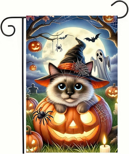 Halloween Garden Flag - Pumpkins & Siamese Cat - 12x18 Double Sided Vertical Flag - Fall & Outdoor Farmhouse Flag - Yard & Lawn Patio Banner