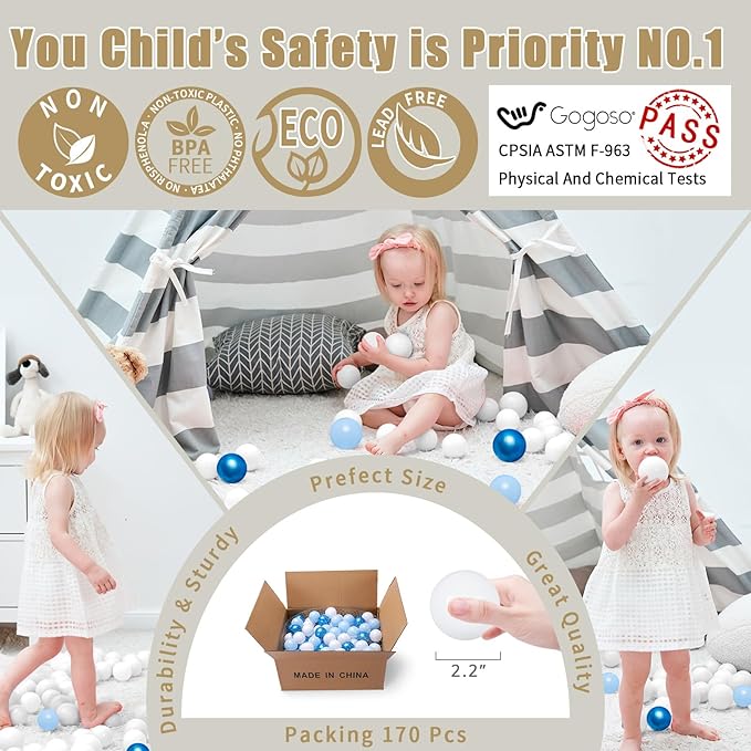 GOGOSO Ball Pit Balls Crush Proof Non-Toxic Plastic Balls Babies Kids Toy Bulk Pack 170pcs 2.2inchs