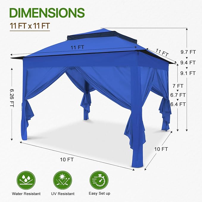 COOS BAY 11x11 Pop-up Instant Gazebo Tent with 4 Sidewalls Outdoor Canopy Shelter with Carry Bag, Stakes and Ropes, Blue
