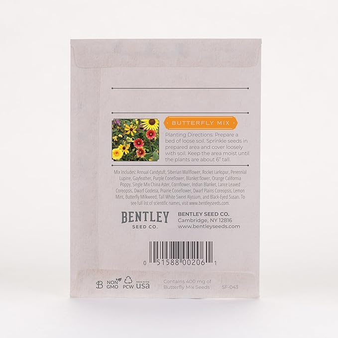 Bentley Seeds Grow with Us Pre Filled Butterfly Mix Seed Packets - 25 Individual Assortment Butterfly Mix Seed Packs for Party Favors Non-GMO Eco-Friendly Summer to Fall Gift - Outdoor Garden Seeds