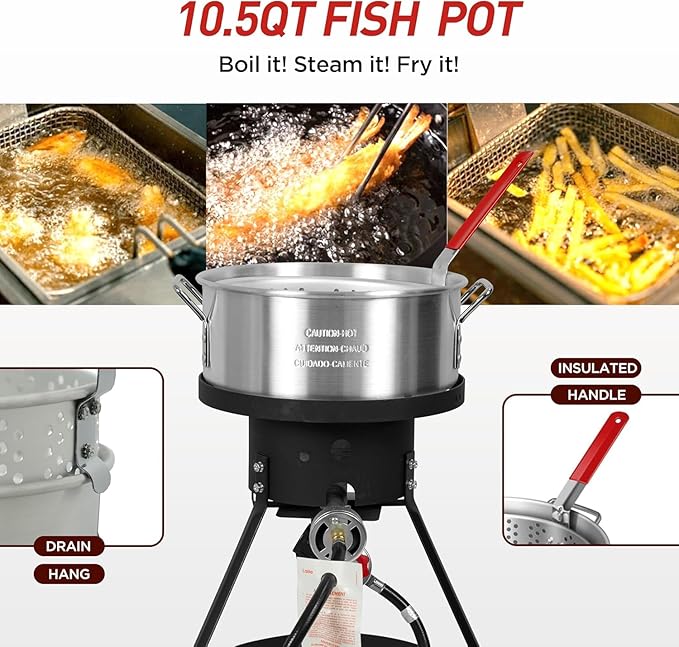 Red Mountain Valley 10.5 Qt Outdoor Propane Fish Fryer Pot Kit with Aluminum Strainer Basket, Thermometer for Boiling and Frying, 50,000 BTU Burner, 0-5 PSI Regulator, Full CSA Approved Fish Cooker