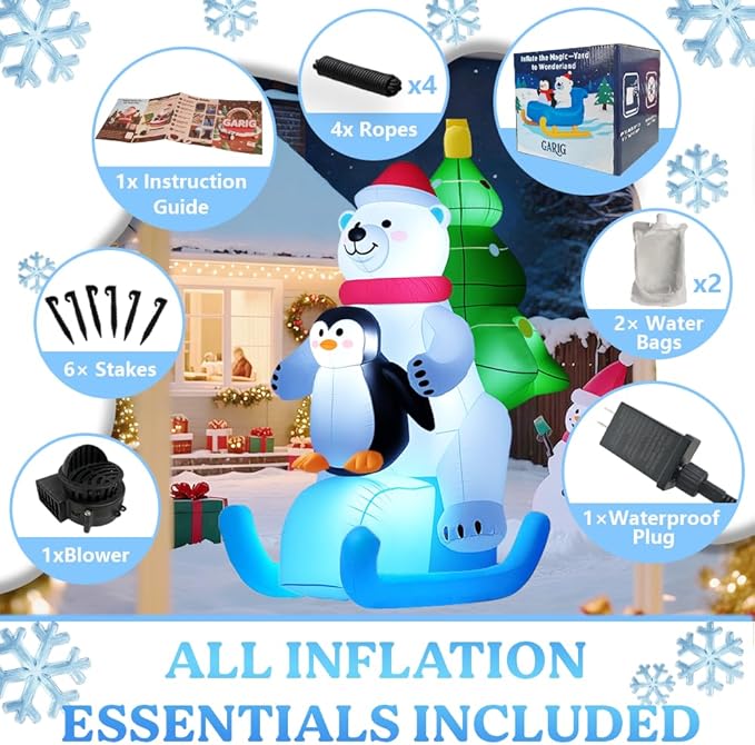 GARIG 7FT Christmas Inflatables White Bear Skiing with Penguin Outdoor Decorations, Christmas Blow Up Yard Decorations with Built-in LEDs for Xmax Outdoor Party, Yard, Garden