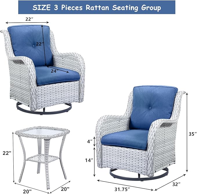 HUMMUH 3-Piece Swivel Rocking Rattan Chair Outdoor,Patio Bistro Furniture Conversation Set,Wicker Chair with Glass Side Table(Light Grey,Blue)