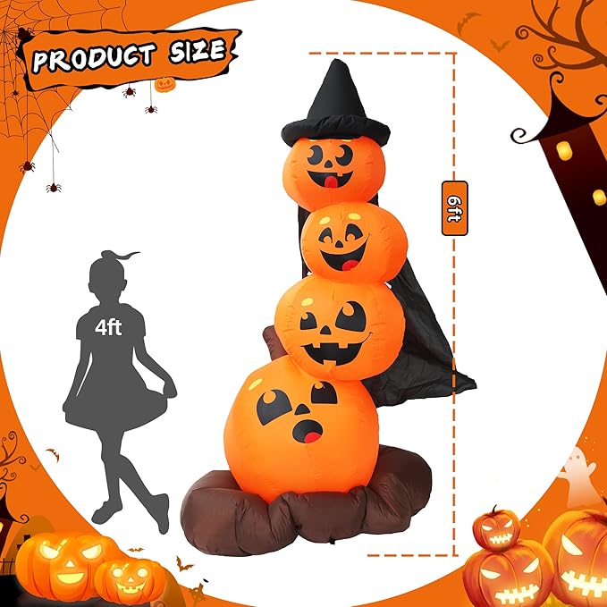 DearSun 6FT H Halloween Inflatable Stacked Pumpkins with Witch’s Hat, Blow up 4 Pumpkins Inflatable with Build-in LED Lights Outdoor Decorations Large Party Yard Decoration