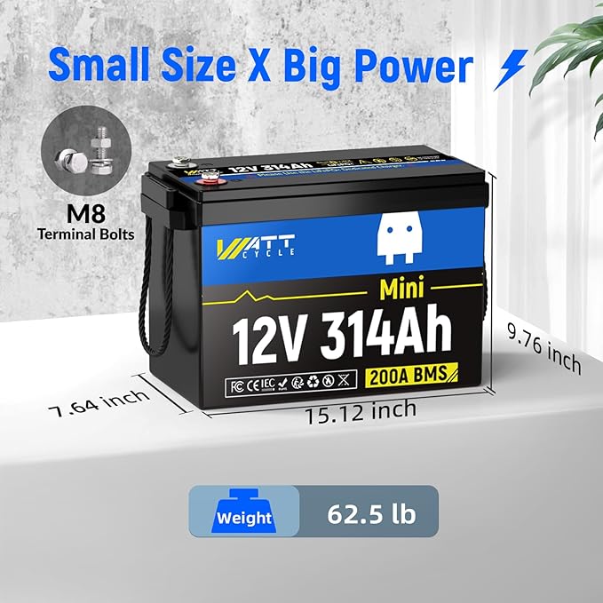 Wattcycle 12V 314Ah Mini LiFePO4 Lithium Battery, 200A BMS & 4.01kWh Energy, Upgraded Cooling Fins & Braided Wires, 4000+ Cycles, Ideal for RV, Marine, Camping, Solar Off-Grid
