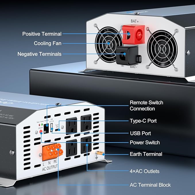 48V 4000 Watt Pure Sine Wave Inverter 48V DC to 110V 120V AC Converter,8000W Peak Power Inverter with 4 AC Outlets,USB Port,Type-C,Remote Control LCD Display for Truck,RV,Vehicles,Solar Off-Grid