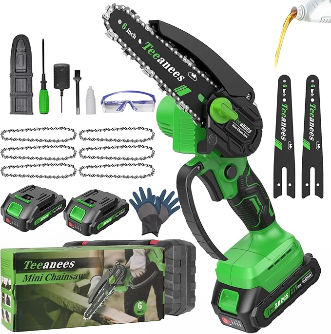 Mini Chainsaw Cordless 6 Inch, Electric Chainsaw Battery Powered with Auto Oiler, Security Lock for Wood Cutting, Tree Trimming, Garden & Household Use(2 Batteries)