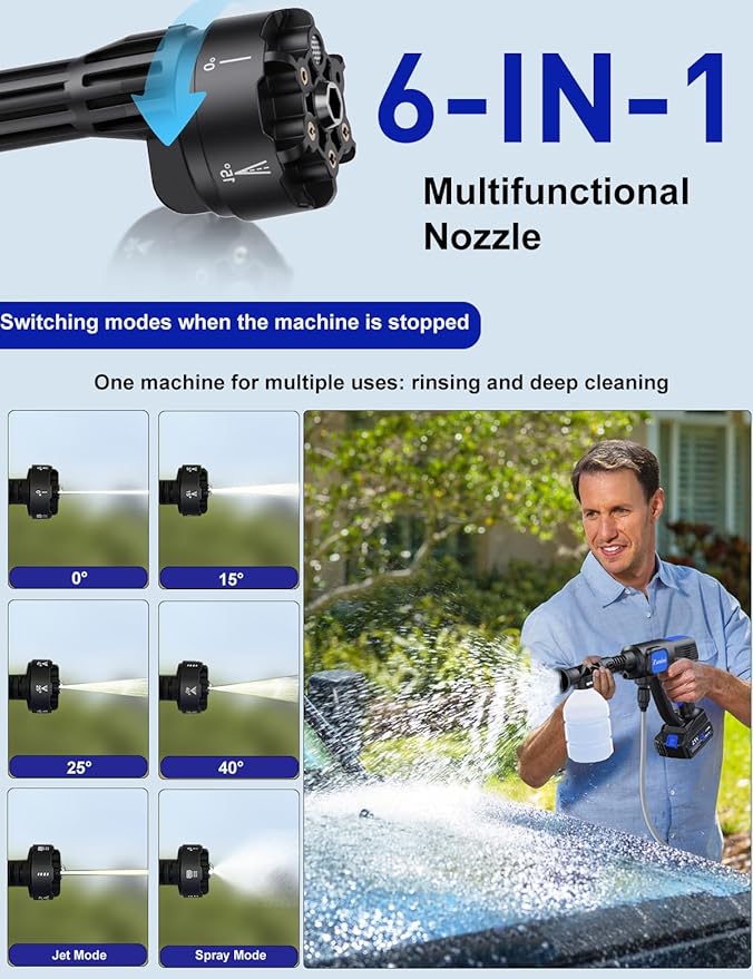 Portable Power Washer, 1100PSI Cordless Pressure Washer Battery Operate with 6-in-1 Nozzle, Foam Cannon, 3.0Ah Battery, Lightweight Handheld Power Washer for Car, Patios, Outdoor Cleaning