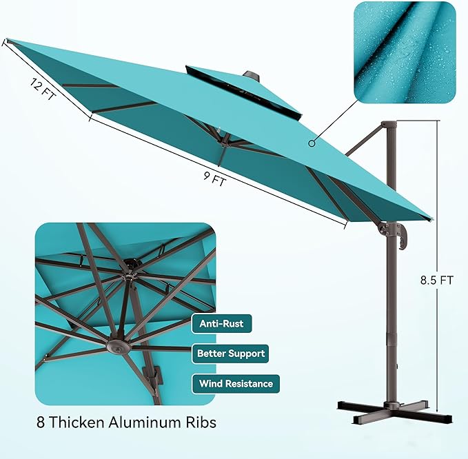 9x12 FT Patio Umbrella, Large Cantilever Rectangular Double Top Heavy Duty Offset Umbrellas with 360° Rotation, Outdoor shade for Garden Deck Pool, Turquoise