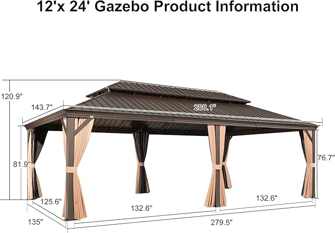 PURPLE LEAF 12' X 24' Outdoor Hardtop Gazebo Patio Wide Aluminum Frame Metal Double Roof with Heavy Duty Netting and Curtains for Permanent Hard Top Pavilion Screen, Khaki