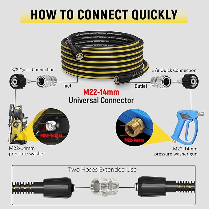 100ft Pressure Washer Hose - 1/4" Flexible Power Washer Hose with Stainless Steel Quick Connect Fittings, 3600 PSI Non-Kink Extension Replacement Hose for Gas&Electric Pressure Washer