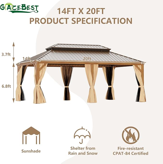 14' X 20' Hardtop Gazebo Outdoor Aluminum Patio Gazebo Double Roof Galvanized Steel Canopy Wooden Finish Coated with Netting and Curtains for Garden, Backyard,Deck and Lawns