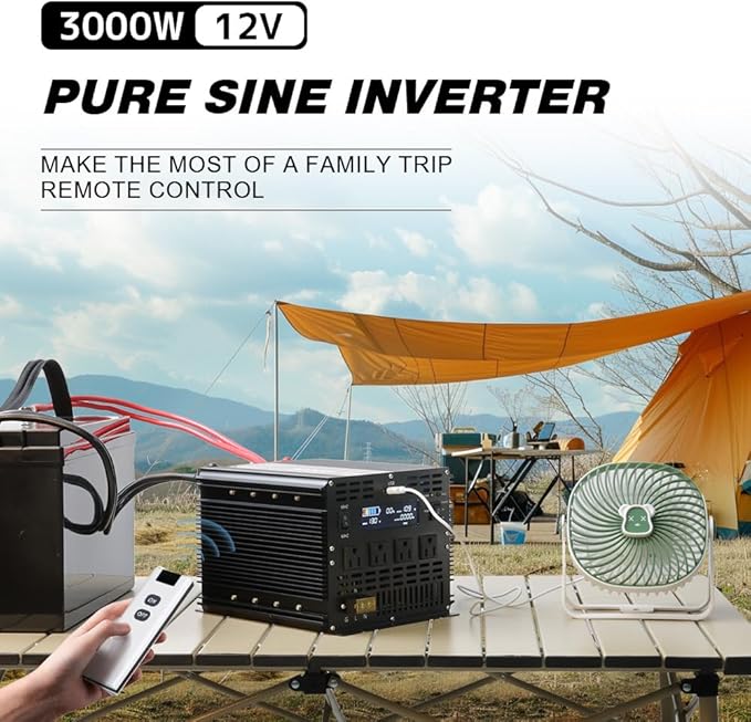 3000W Pure Sine Wave Power Inverter 12V DC to 110V AC Converter Peak Power 6000W Car Inverter with 4 AC Outlets, 1 USB Port, Cables Included & Remote Controller for RV Truck Off-Grid Solar