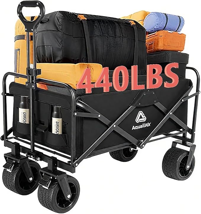 Collapsible Wagon with Wheels, 440 lbs Wagons Carts Foldable Wagon Cart with Flexible Handle, Lightweight Portable Folding Utility Grocery Shopping Cart for Grocery Sports Garden Camping