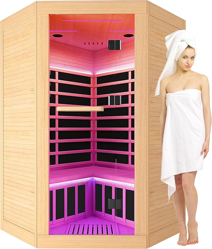 Home Sauna Far Infrared Sauna 7-Colors LED Light Indoor Sauna for 2-3 Person, Dry Sauna Room with Low EMF 2180W,with Canadian Hemlock Wood,with Towel Rack and Cup Holder