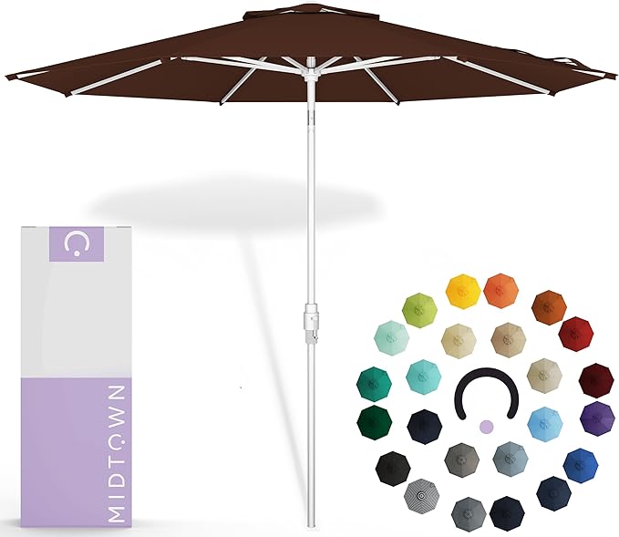 Midtown Umbrellas The Swilt 10 Feet Patio Umbrella in Sunbrella Bay Brown Acrylic Fabric - Fiberglass Ribs, Auto-Tilt Aluminum Frame For Backyard, Deck, Garden, Pool - White Pole