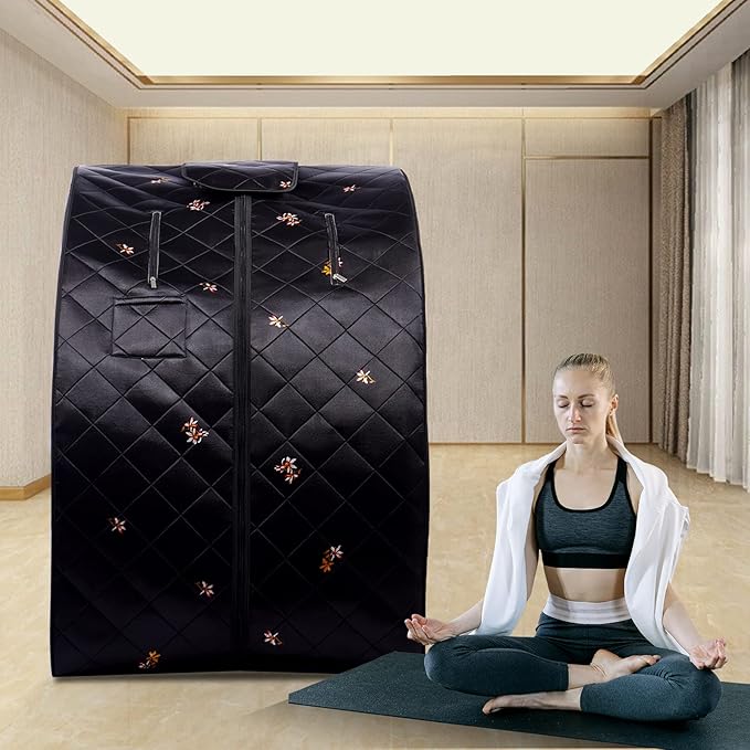 Smartmak Portable Far Infrared Sauna, Full Size 1 Person Sauna SPA Tent at Home, with Heating Foot Pad and Folding Chair - Black