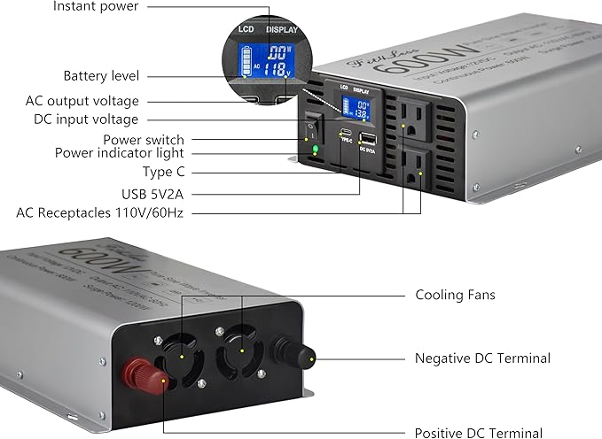 Pure sine Wave Inverter DC 12V Input and AC 110V Output with LCD Display, USB Output Port, Type-C Output Port(600W)