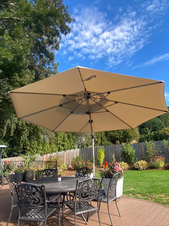 PURPLE LEAF 13 Feet Double Top Round Deluxe Patio Umbrella Offset Hanging Umbrella Outdoor Market Umbrella Garden Umbrella, Beige