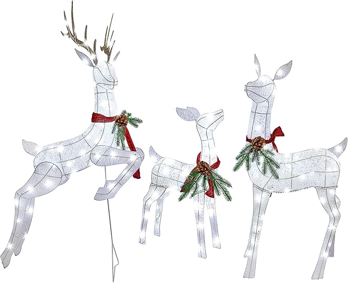 Lulu Home Set of 3 Pre-lit White Reindeer with 255 LEDs Clear White Lights, 3D Light Up Glittered Standing Reindeer Family for Xmas Lighted Holiday Display Indoor Outdoor