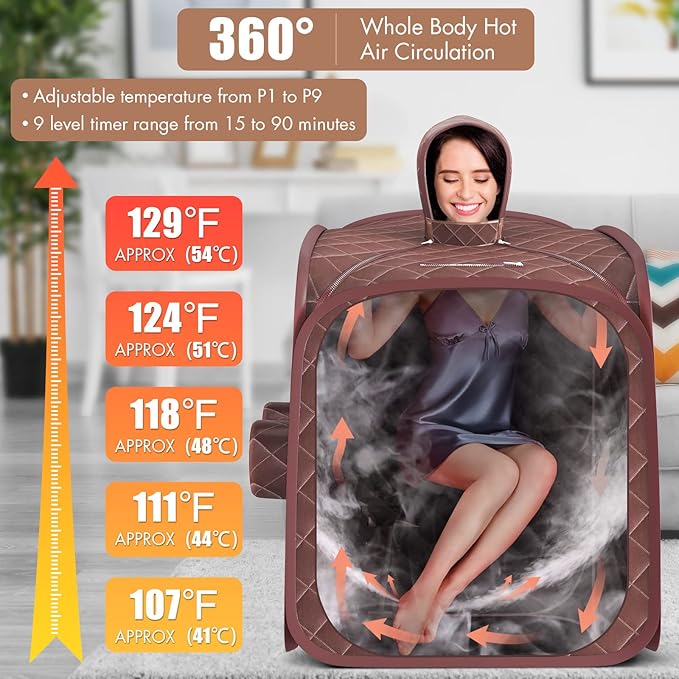 Giantex Portable Folding Sauna, 1 or 2 Person Steam Spa with Remote Control, Folding Chair, Foot Massage Roller, Absorbent Mat, 9 Temperature Levels, 3L Steamer, 800W Home Full Body Spa Tent (Brown)
