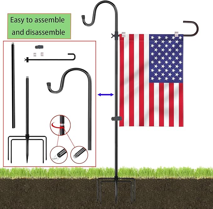 Upgraded 46 Inch Heavy Duty Metal Garden Flag Holder with Shepherd Hook, Yard Stand Fits 12x18 Flags - Solar Lights & Flags Not Included