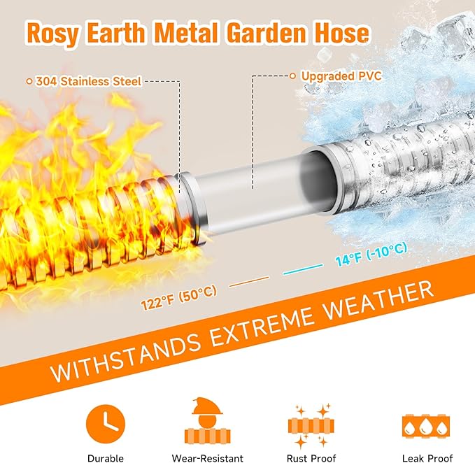 Expandable Metal Garden Hose 50 FT - 304 Stainless Steel Water Hose 50 FT - Lightweight non Kinking Flexible Garden Hose, no Bite