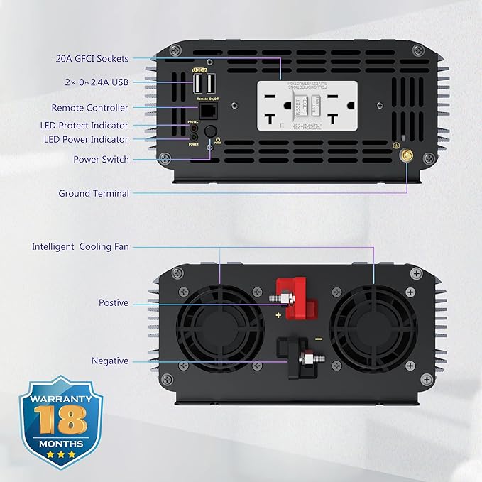 2000 Watt Pure Sine Wave Inverter 12V DC to 110V 120V AC Built-in UL Fuses FCC Approved with 20A UL Approved GFCI Outlets and 15FT Remote Control for Car Home RVs Truck Off-Grid Solar Power LEESKY