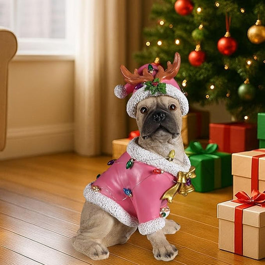 Christmas Outdoor Decoration Dog Statue, LED Light Cute English Bulldog Sculpture with Pink Santa Outfit & Lights for Garden and Yard, Indoor Holiday Décor Gift for mom and dad