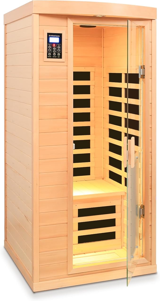 Infrared Sauna for 1 Person Hemlock Far-Infrared Single Person Indoor Sauna with LCD Display, Touch Control Audio System, LED Reading Light, Natural
