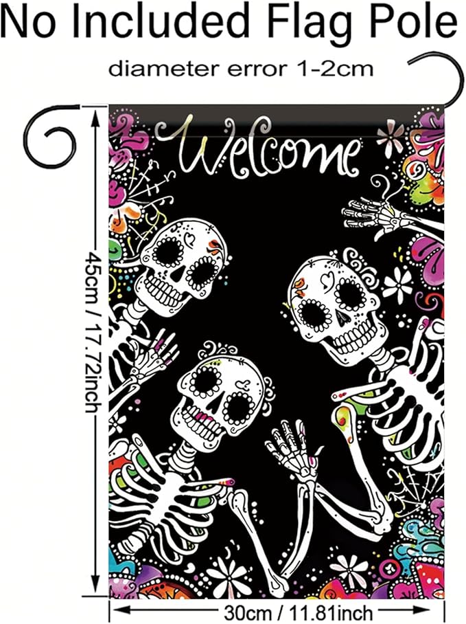 Halloween Skeleton Garden Flag 12x18 Inch Double Sided for Outside Skeletons with Flowers Yard Flag for Outdoor Holiday Home Decor