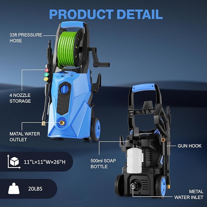 5000PSI Electric Pressure Washer, 2025 New Power Washer with 33FT Flexible Extension Pressure Washer Hose Reel, 4 Nozzles, Professional Power Washers for Home/Car(Blue)