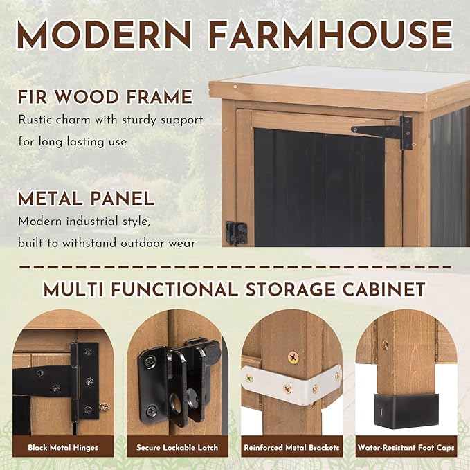 Outdoor Storage Cabinet with Metal Worktop, Fir Wood Frame & Adjustable Shelf, Weather-Resistant Garden Tool Organizer for Patio, Porch, Balcony, or Garage (18" L x 18" W x 33.5" H)