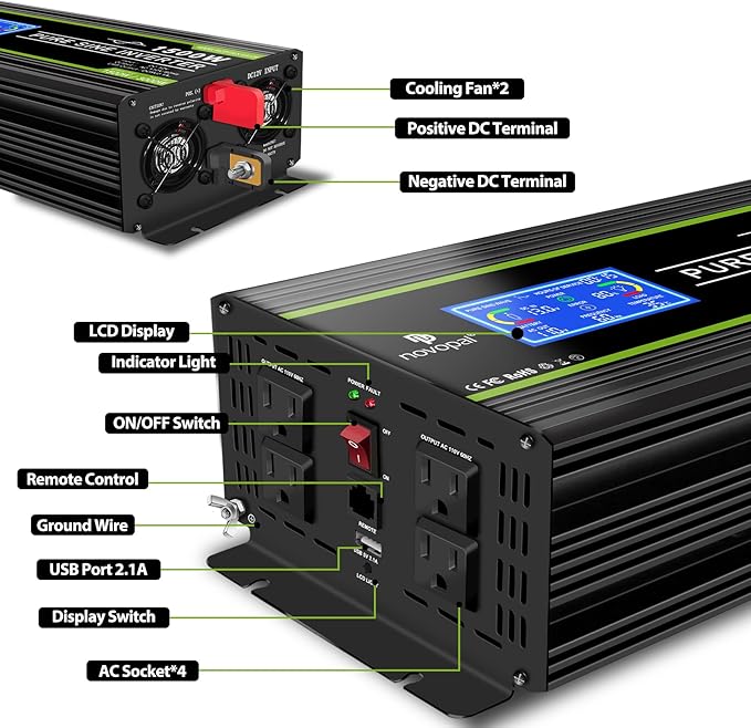 Novopal 1500 watt Pure Sine Wave Power Inverter DC 12V to 110V/120V Converter 4 AC Outlets Car Inverters with USB Port 16.4 Feet Remote Control and LCD Display