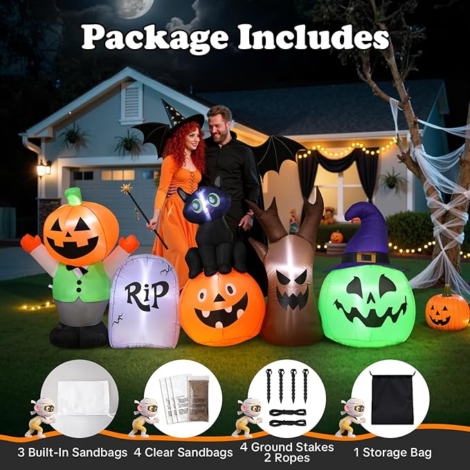 Halloween Inflatables Outdoor Decoration, 8.5ft Pumpkin/Tombstone/Black Cat/Ghost Tree, Cute Blow Up Yard Decor, for Outside Garage Door Graveyard Yard Porch Lawn (8.5ft Pumpkin+Black Cat)