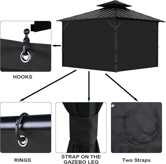Gazebo Universal Replacement Privacy Curtain, 10'X10' Gazebo Curtains Outdoor Waterproof, 4-Panels Sidewall with Zipper for Patio, Garden and Backyard (Only Curtains, 10'X10', Black)