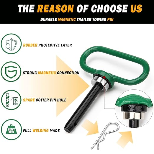 Magnetic Hitch Pin, Lawn Mower Trailer Hitch Pins 1/2 Inch - Strong Heavy Duty Magnet Trailer Gate Pin for Mowers, Lawn Tractors, Towing Cargo, ATV - Simple One Handed Hook On & Off（Green）