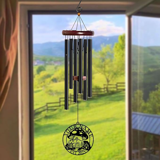 Personalized Customize Name Fantasy Mushroom Wonderland Wind Chime, Metal Iron 37 Inch Outdoor Memorial Gift for Garden Yard Patio Home Decor, Black (Style E)