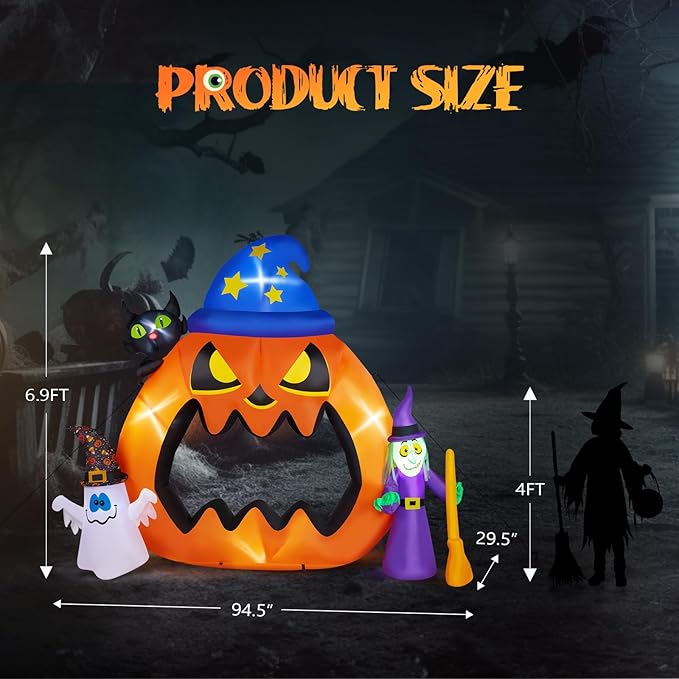 AW 6.9 FT Halloween Inflatables Outdoor Decoration,Blowup Yard Decorations,Giant Scary Pumpkin Jack-O-Lantern Open Mouth,Ghost Witch Cat,Build-in LED Lights Yard Lawn Party Arch 2025