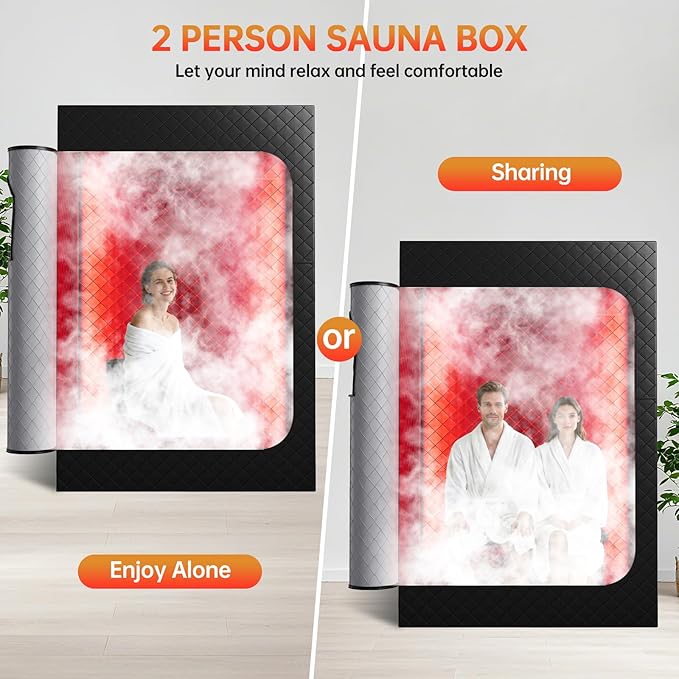 Upgraded 2 Person Infrared Sauna Box, 77”x 37”x 50” Portable Sauna with 660nm Red Light Therapy & 850nm,5-Layer Waterproof, 2 Steamers,2 Folding Chairs for Home Sauna