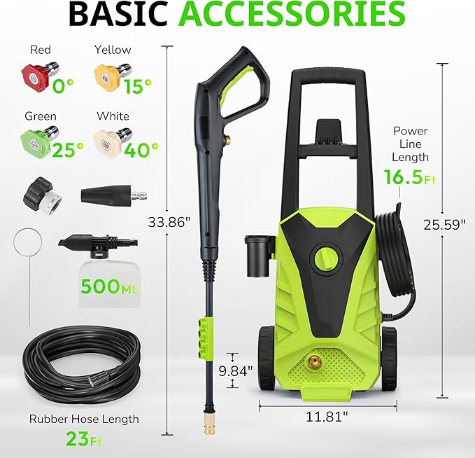 Electric Pressure Washer, 2.0 GPM – High Pressure Power Washer with Foam Cannon, 4 Quick-Connect Nozzles, 23ft Hose & Compact Storage for Cars, Patios & Home Cleaning, Green