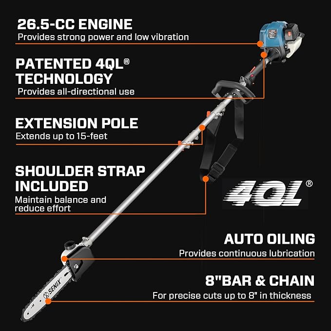 SENIX 26.5cc 4-Stroke Gas Pole Saw | No Oil Mixing | Fuel Efficient | 8-Inch Bar & Chain | Extension Pole up to 14 Ft | High Torque Power Pruner Pole Chainsaw for Tree Trimming & Limb Cutting