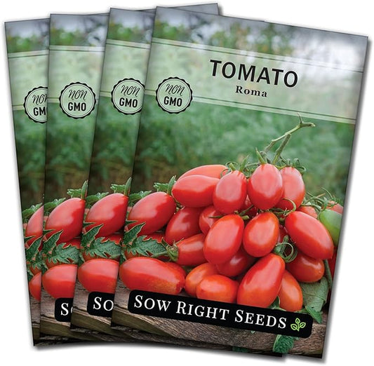 Sow Right Seeds - Roma Tomato Seeds for Planting - Non-GMO Heirloom Packet with Instructions to Plant a Home Vegetable Garden - Classic Medium Red Tomato - Great for Sauce Making (4)