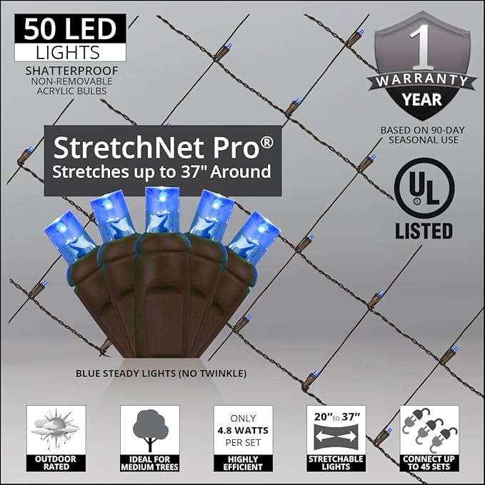 StretchNet Pro 50 Blue Expandable Christmas Net Lights for Medium Trees - LED Wrap Lights, 20" x 45" Stretchable Net, Brown Wire - Outdoor