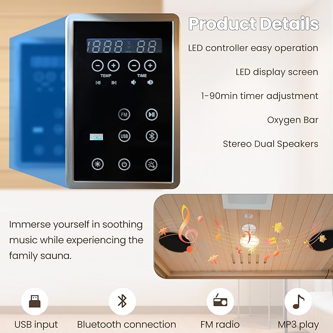 2-Person Home Infrared Sauna with Red Light Therapy & Bluetooth Speakers Dry Heat Sauna for Home & Gym 1760W 120V Low EMF with Control Panel, Indoor Personal Luxury Spa for House and Gym
